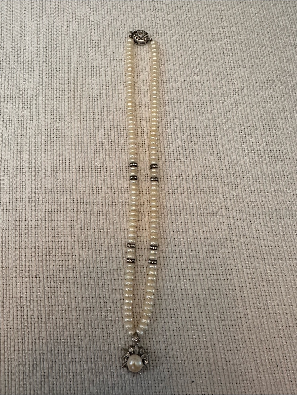 Classic Ivory Pearl Double-Strand Necklace with Rhinestone Pendant